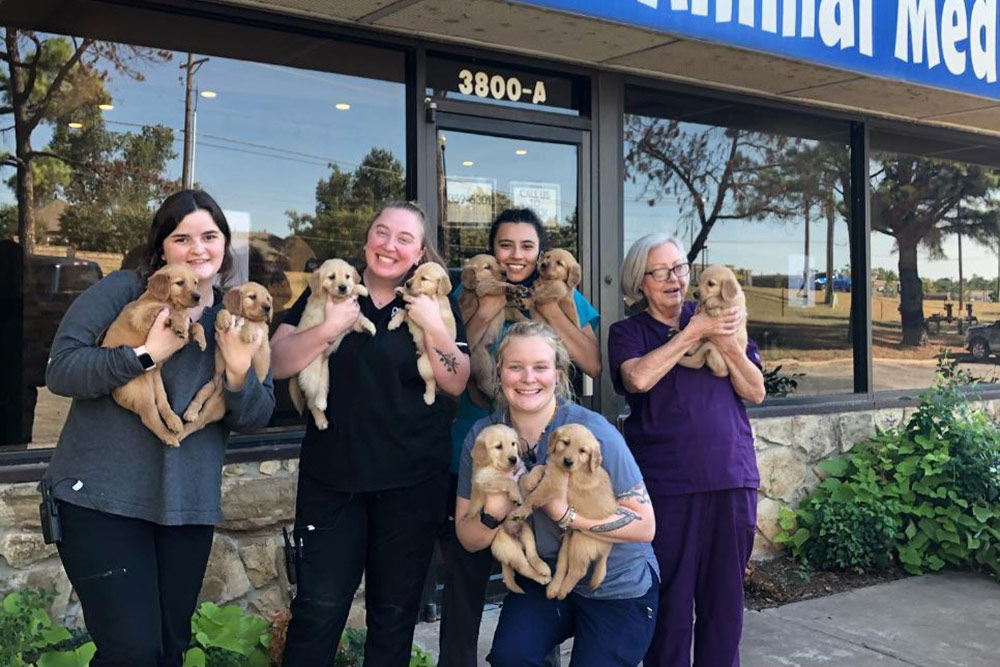 team posing with pets in front of AMC I-35