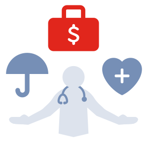 icon of a doctor next to some job benefits symbols